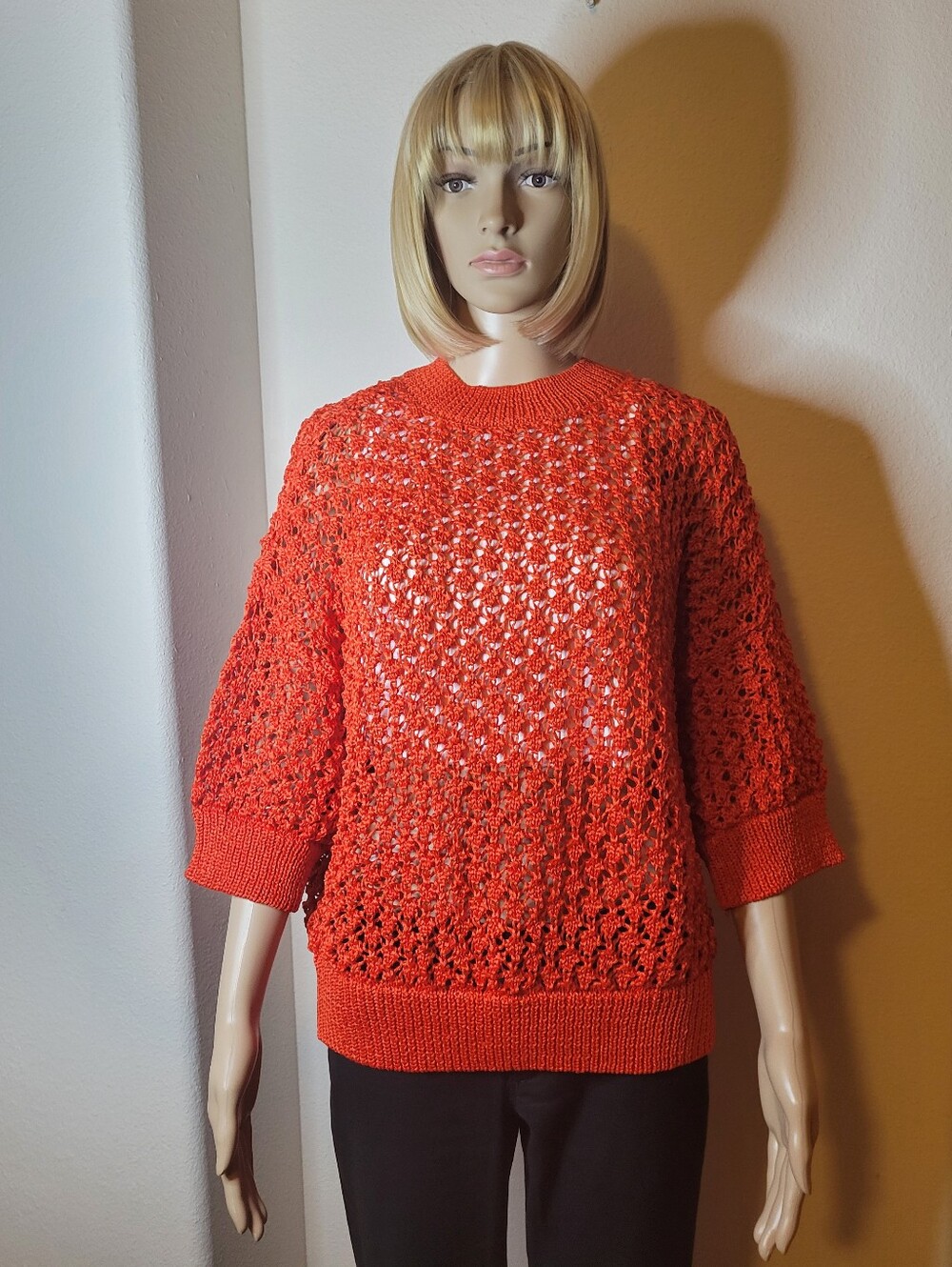 Ella Open Knit/Crochet Short Sleeve Sweater Top, Burnt Orange, XL, NWOT